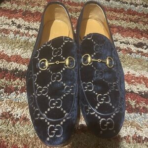 Gucci Navy Velvet Loafers with Gold Accents